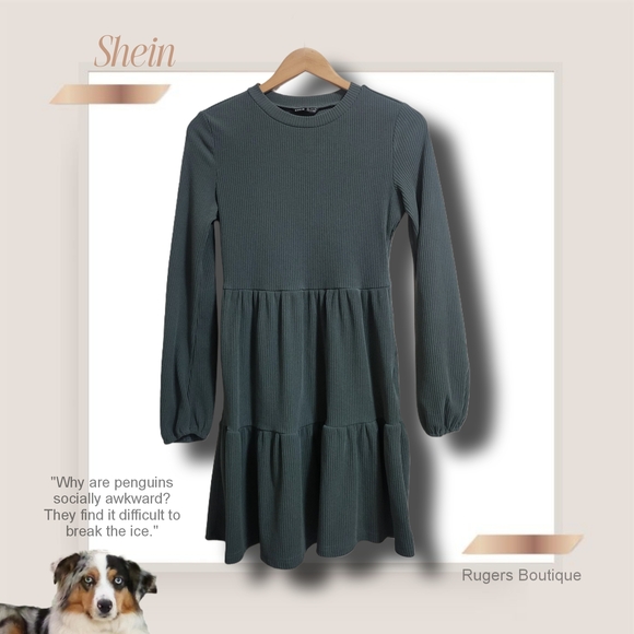 🌿Shein Womens Small Green Rib Knit Tiered Long Sleeve Dress - Picture 11 of 12